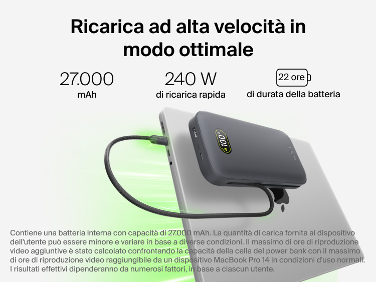 UltraCharge Pro Laptop Power Bank 27K delivering high-speed 240W charging via integrated USB-C cable while powering a laptop with digital battery display