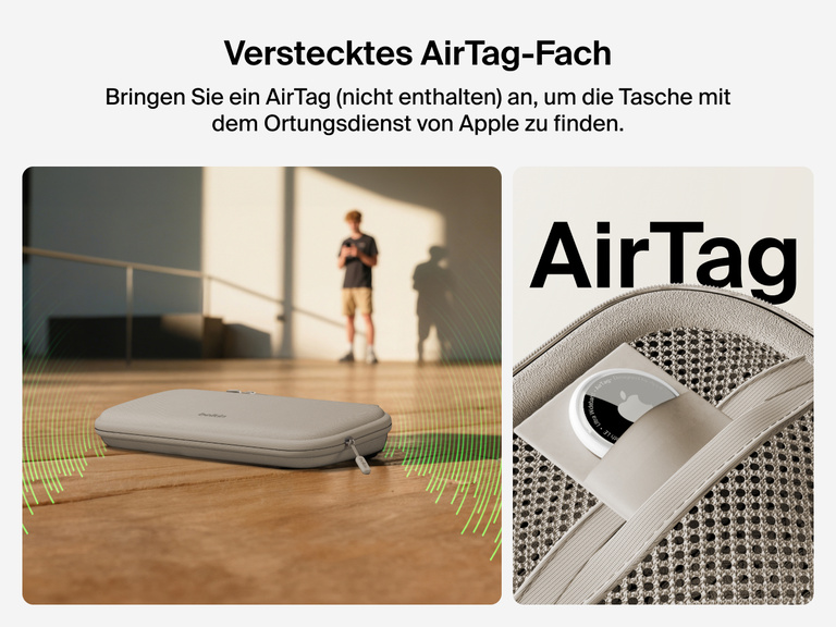 Belkin Gaming Travel Case for Nintendo Switch 2 shown with a hidden AirTag compartment, allowing tracking via Apple Find My (AirTag not included).