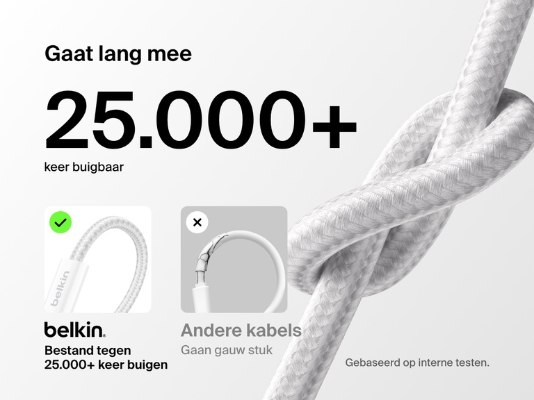 Gevlochten Belkin BoostCharge USB-C-kabel met Lightning-connector afgebeeld met een label waarop staat dat hij meer dan 25.000 keer buigbaar is en waarmee benadrukt wordt dat hij duurzamer is dan standaardkabels die gemakkelijk stuk gaan.
