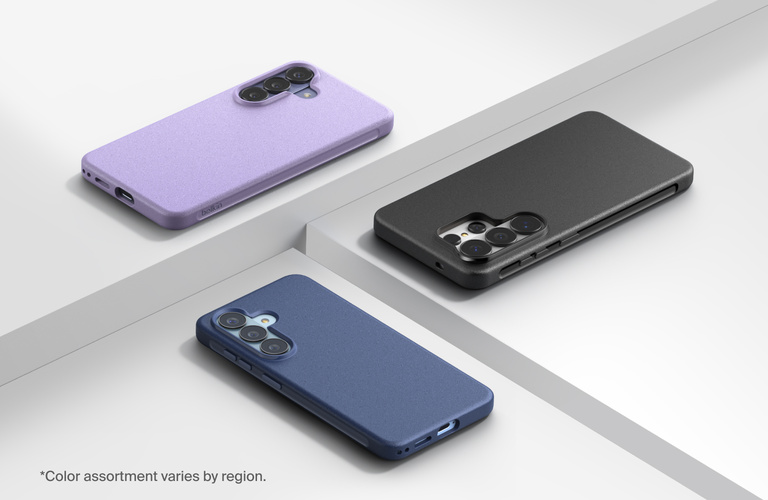 Three Samsung smartphones placed face down in textured protective cases&mdash;purple, black, and blue&mdash;arranged on stepped white platforms to highlight different case colors, finishes, and camera protection.