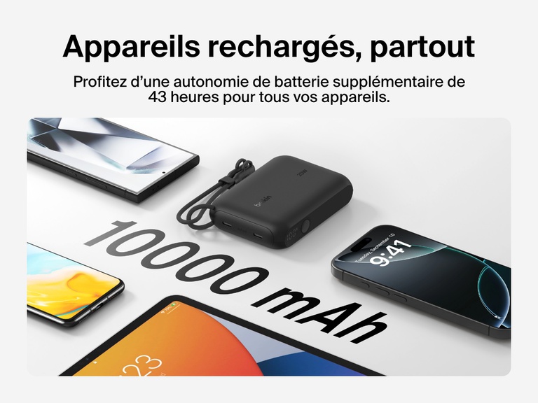 Image d'une batterie externe 10K Belkin BoostCharge avec écran intégré entourée de plusieurs appareils, mettant en avant sa capacité de 10 000 mAh et ses 43 heures d'autonomie supplémentaire lors de déplacements.