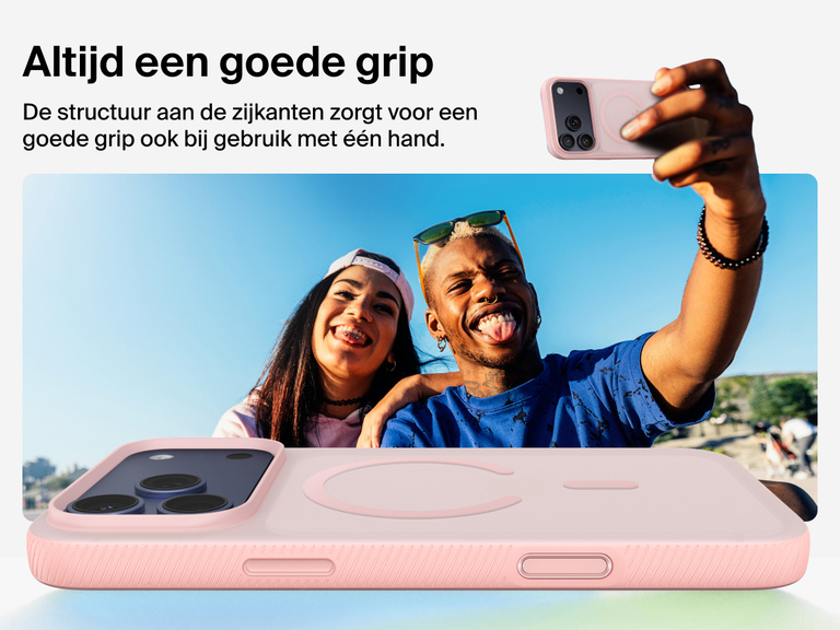 Belkin SheerForce Grip Series Case for iPhone 17 with military-grade drop protection and textured non-slip grip.