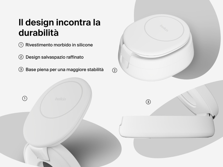 Belkin BoostCharge 2-in-1 Convertible Magnetic Charging Stand with Qi2 15W features soft-touch silicone, a space-saving foldable design, and a weighted base for added stability.