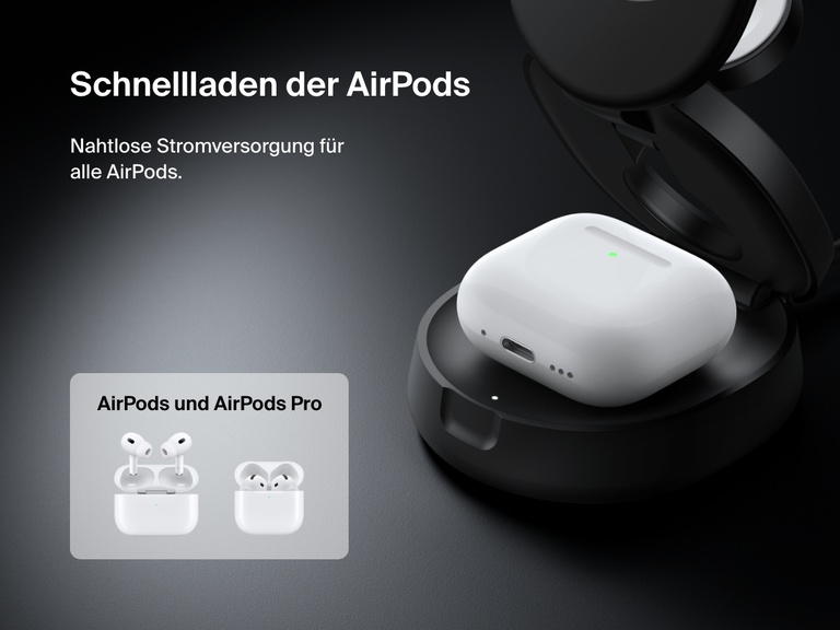 Belkin BoostCharge kompakte, magnetische 3-in-1-Ladestation wird gezeigt, die kabellos AirPods mit nahtloser Stromversorgung für alle AirPods und AirPods Pro-Modelle auflädt.