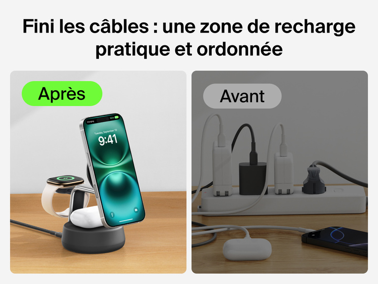 Station de recharge aimantée 3-en-1 Belkin UltraCharge Pro avec Qi2 (25 W) offrant une solution de recharge sans fil pratique pour iPhone, Apple Watch et AirPods, qui remplace l'utilisation de plusieurs câbles de recharge différents.