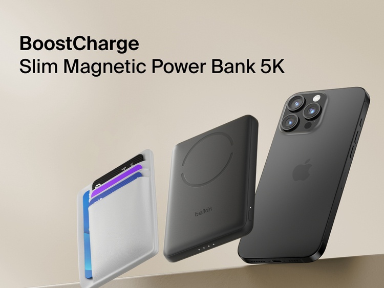 Belkin BoostCharge Slim Magnetic Power Bank 5K shown magnetically attached to a smartphone beside a slim wallet accessory, highlighting its compact portable charging design.