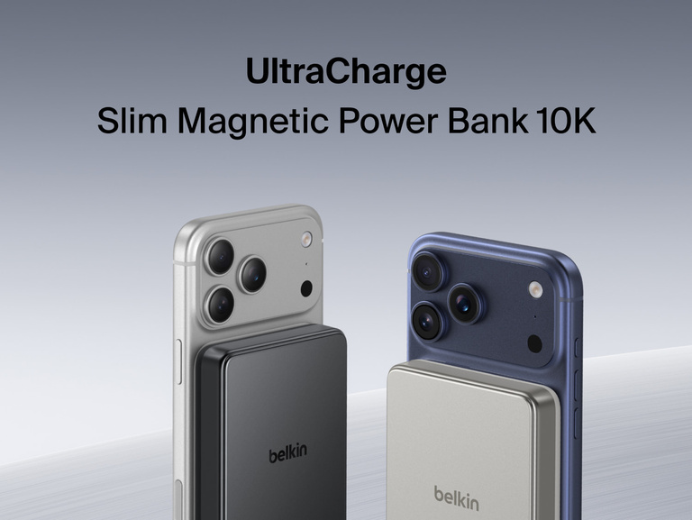 Belkin UltraCharge Slim Magnetic Power Bank 10K attached to smartphones showcasing compact magnetic wireless charging and portable battery design