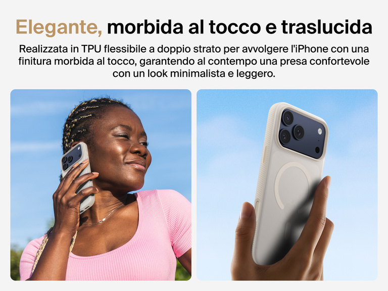 Belkin SheerForce Grip Series Case for iPhone 17 with slim translucent design and soft-touch finish for a comfortable grip.