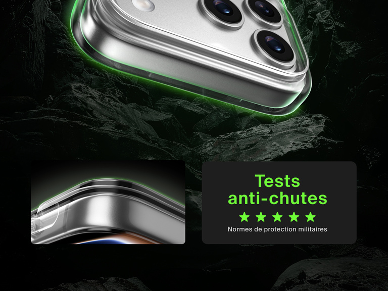 Belkin SheerForce Clear Series Case for iPhone 17 shown with 13-foot drop test and military-grade protection.