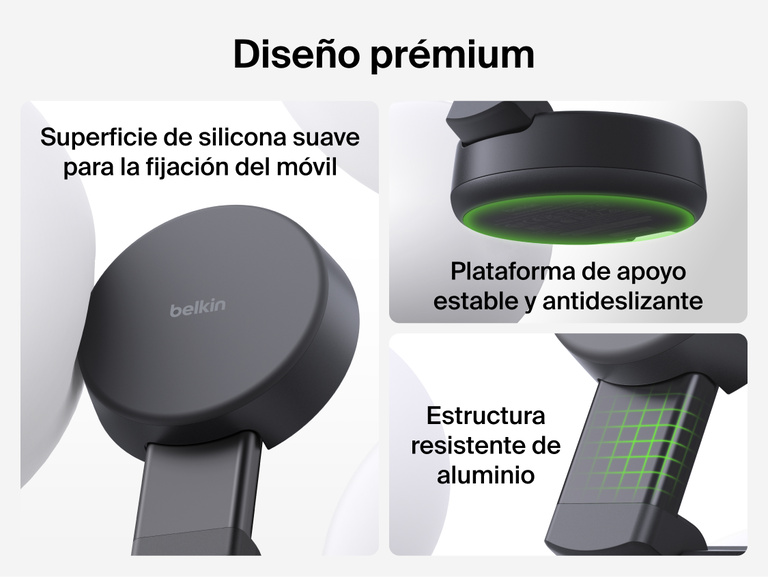 El cargador magn&eacute;tico convertible 2 en 1 con Qi2 de 25 W Belkin UltraCharge Pro incluye un soporte de silicona suave, una resistente estructura de aluminio y una base lastrada antideslizante que te proporcionan una experiencia de carga pr&eacute;mium.