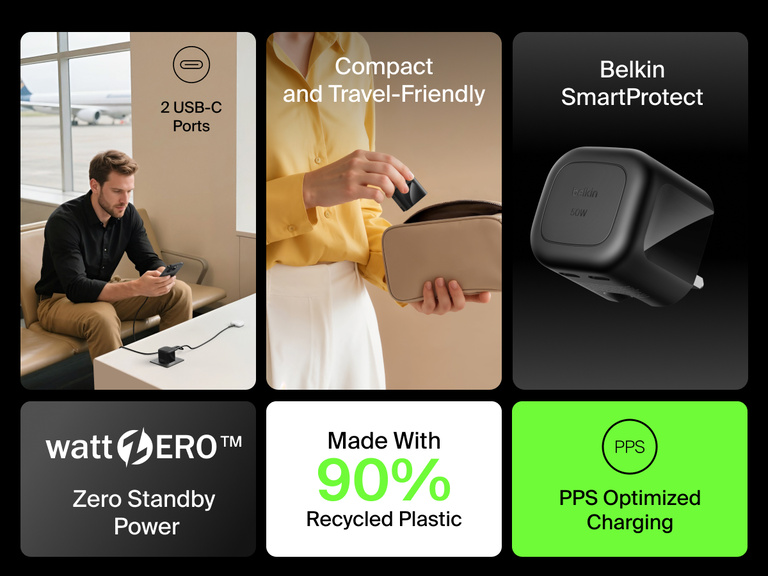 Belkin BoostCharge Pro Dual USB-C GaN Wall Charger 50W shown with features including 2 USB-C ports, PPS optimized charging, Belkin SmartProtect, compact travel-friendly design, and made with 90% recycled plastic.