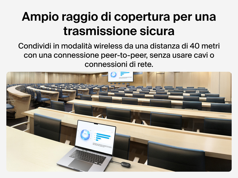 Immagine di un adattatore wireless per display HDMI Belkin ConnectAir che mette in evidenza la trasmissione a lungo raggio sicura in un'aula magna, con un laptop che trasmette contenuti verso uno schermo distante.