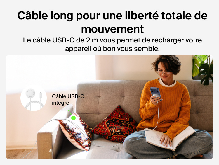 Image du chargeur magn&eacute;tique Qi2 25 W Belkin UltraCharge avec un c&acirc;ble long de 2&nbsp;m permettant une recharge confortable d'un appareil mobile, partout dans la pi&egrave;ce.