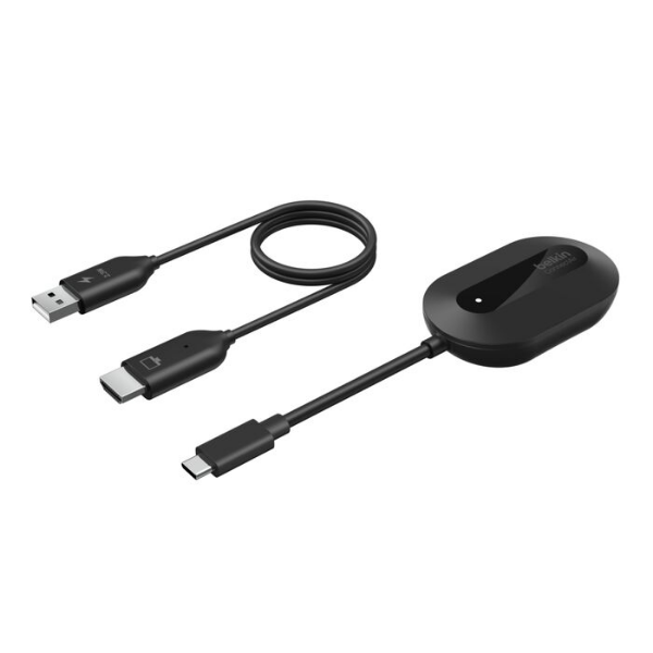 USB-C video adapter with attached cable and USB-A to USB-C adapter, designed for connecting devices to external displays.