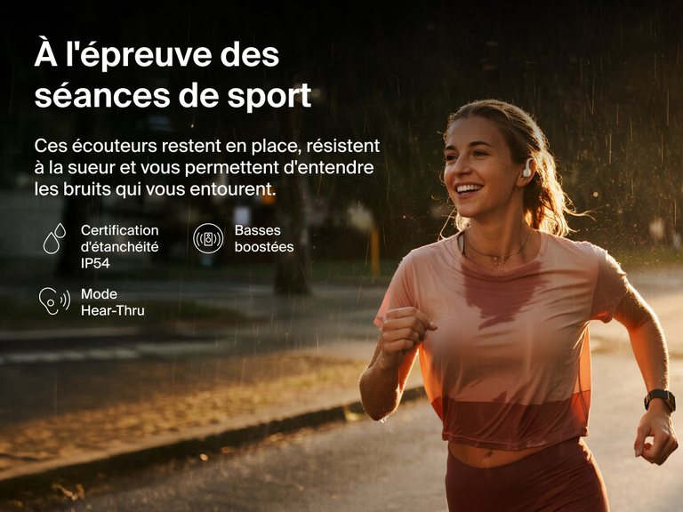 Belkin SoundForm ActiveFit Wireless Earbuds with secure fit, IP54 water resistance, bass boost, and Hear-Thru mode, shown on a runner in the rain.