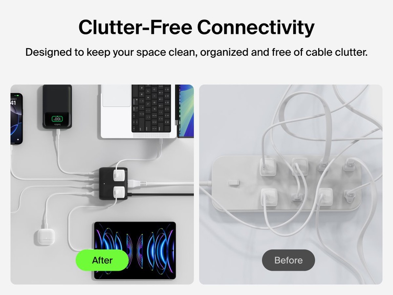 Side-by-side comparison showing the Belkin 3-Outlet Charging Station with 2 USB-A and 2 USB-C ports 70W neatly powering multiple devices in an organized setup versus a cluttered power strip with tangled cords.