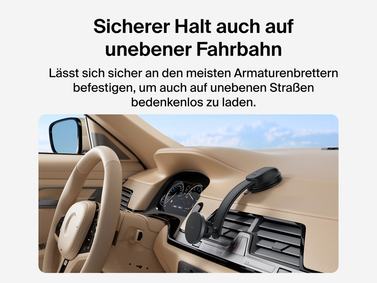 Belkin BoostCharge Magnetic Wireless Charging Car Vent and Dash Mount shown secured to a car dashboard with gel adhesive, highlighting compatibility with vegan leather, wood, plastic, and metal surfaces.