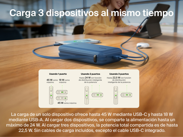 Belkin UltraCharge 20K 45W power bank with integrated USB-C cable charging multiple devices simultaneously with smart power sharing and multi-port connectivity
