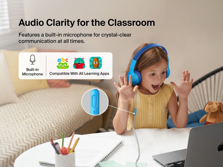 Young girl using Belkin Wired On-Ear Headphones for Kids with a built-in microphone while video chatting on a laptop, highlighting clear audio and compatibility with learning apps for classroom use.