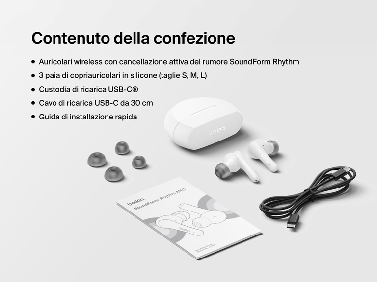 Immagine che illustra il contenuto della confezione degli auricolari wireless Belkin SoundForm Rhythm ANC: tre dimensioni di copriauricolari in silicone, custodia di ricarica USB-C, cavo di ricarica da 1,2 metri e guida di installazione rapida.