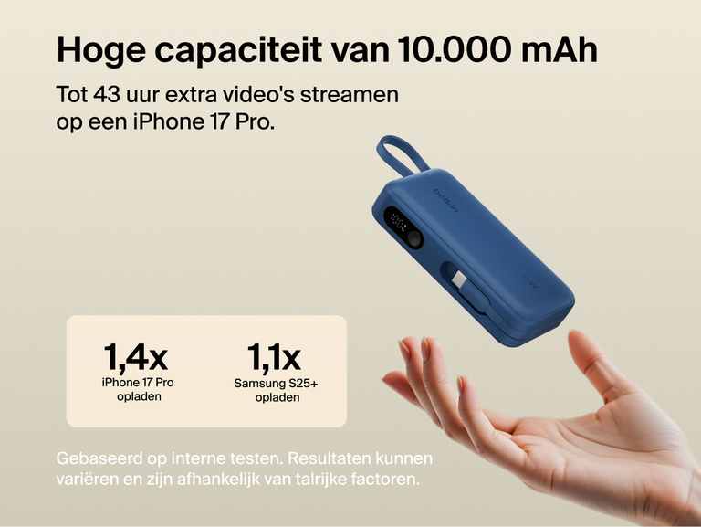 Belkin UltraCharge 10K power bank with integrated USB-C cable and digital display, delivering up to 45W fast charging and extended battery life for smartphones