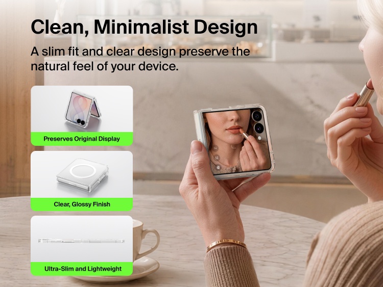 Belkin Clear Series Case for Samsung Galaxy Z Flip8 features a slim, lightweight design with a clear glossy finish that preserves the device&rsquo;s original display and style.