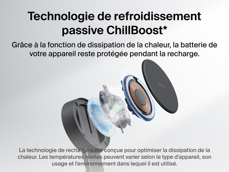 Image du socle de recharge 2-en-1 Belkin UltraCharge&nbsp;Pro aimant&eacute; et pliable avec Qi2 25&nbsp;W avec technologie de refroidissement passive ChillBoost pour une meilleure dissipation de la chaleur et une protection de la batterie lors de la recharge.
