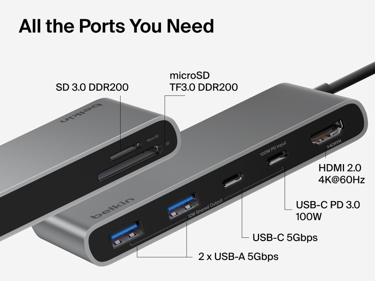Belkin Connect 7-Port USB-C Hub with Dual USB-C Ports showing HDMI, USB-C PD, USB-A, SD, and microSD slots labeled with speeds and power output.