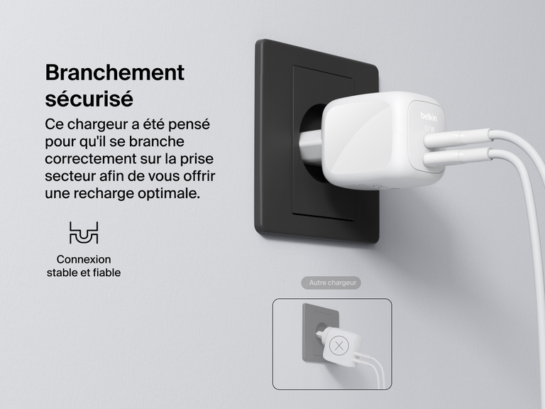 Image du chargeur secteur GaN à deux ports USB-C Belkin BoostCharge Pro (67 W) branché sur une prise électrique, illustrant sa connexion sécurisée et fiable pour une recharge secteur performante.