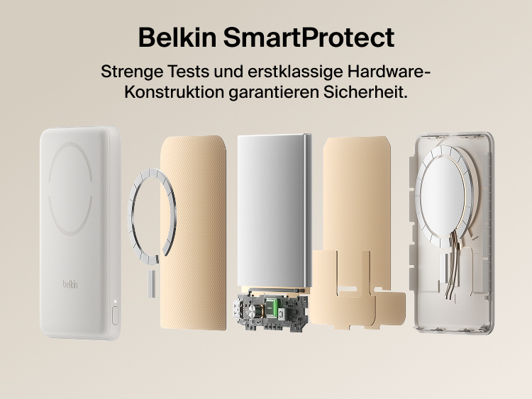 Belkin BoostCharge Slim Magnetic Power Bank 5K with Qi2 shown with Belkin SmartProtect internal components designed for safe, reliable charging performance.