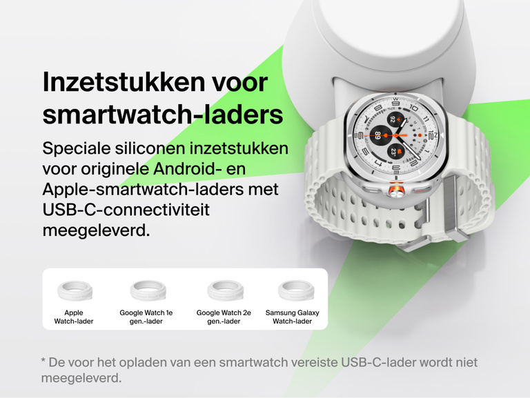 Het Belkin UltraCharge modulaire laadstation met Qi2 25W dat voor meerdere smartwatches geschikt is dankzij verwisselbare inzetstukken die compatibel zijn met USB-C-laders van Apple Watch, Google Watch en Samsung Galaxy Watch.