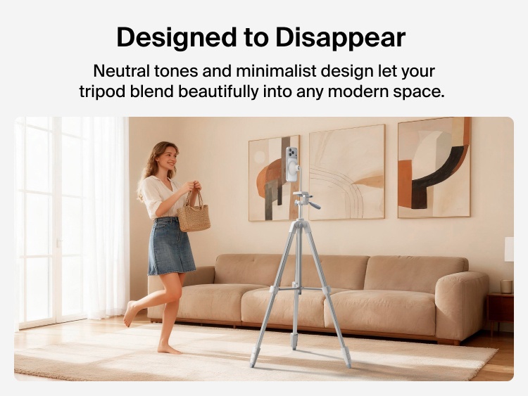 A promotional layout shows the adjustable height range of the Belkin Stage Tripod. On the left, text reads &ldquo;Adjusts to Fit Your Frame&rdquo; with icons highlighting a 4-stage leg lock system and height range from 1.4 ft to 5.5 ft (0.43 m to 1.7 m). In the center, two images of the tripod demonstrate its tallest and shortest configurations, each holding a smartphone. On the right, two photos show a couple dancing in a warmly lit living room, demonstrating how different tripod heights can frame full-body or close-up shots.