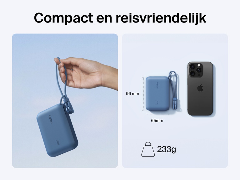 De Belkin BoostCharge 10.000mAh-powerbank met display is afgebeeld in een hand en naast een smartphone, om de compacte, reisvriendelijke vormgeving met afmetingen van 96 x 65 mm en een gewicht van slechts 233 g te benadrukken.