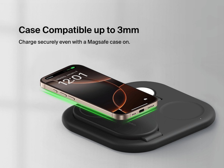 A gold iPhone charges on the Belkin BoostCharge Pro 3-in-1 Magnetic Foldable Wireless Charger with Qi2 15W, demonstrating compatibility with MagSafe cases up to 3mm thick.