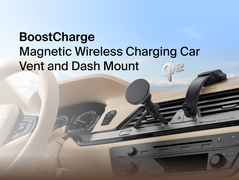 Belkin BoostCharge Magnetic Wireless Charging Car Vent and Dash Mount shown installed in a vehicle, featuring Qi2 fast charging with a portrait or landscape magnetic phone attachment.
