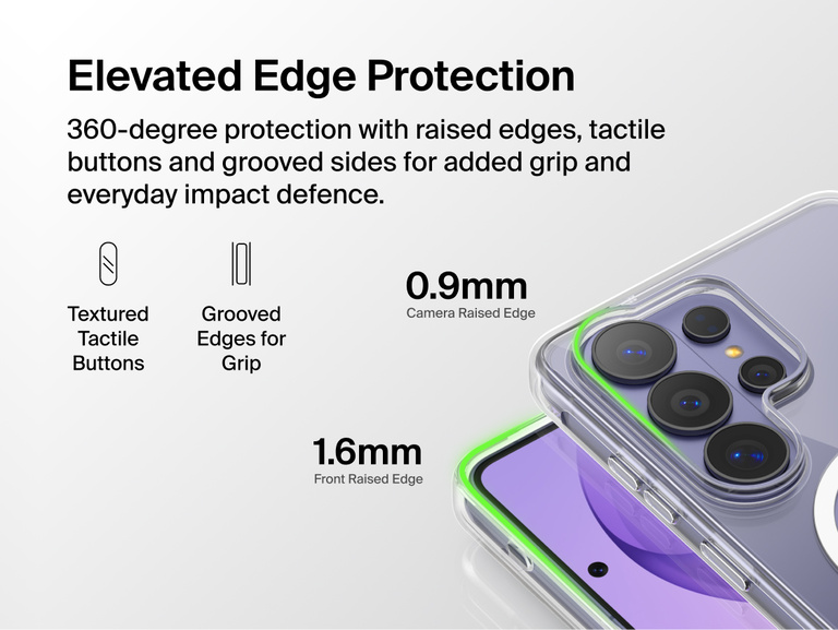 Belkin SheerForce Clear Series Case for Samsung Galaxy S26 shown with elevated edge protection, featuring raised front and camera edges, tactile buttons, and grooved sides for enhanced grip and impact protection.