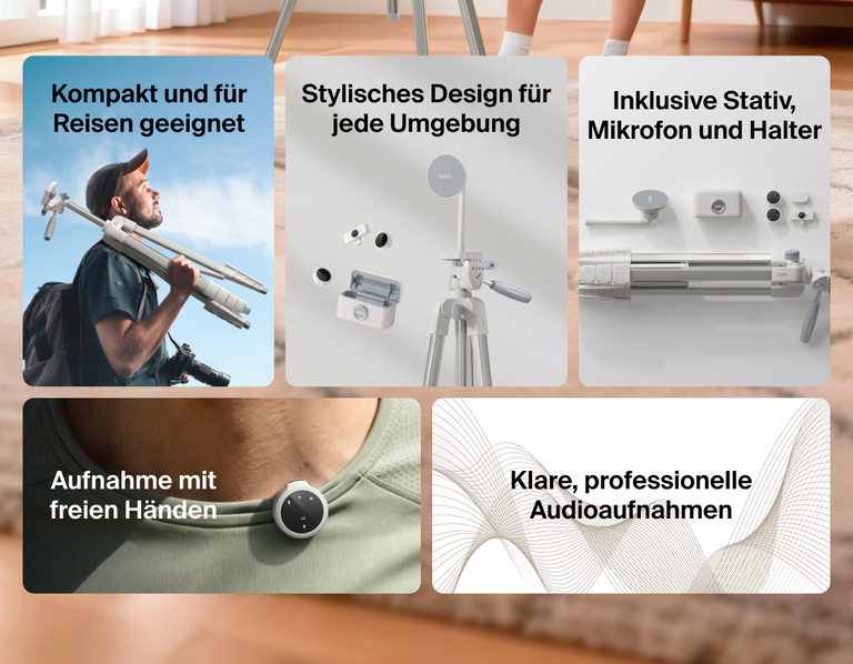 Image showing Belkin Stage Creator Kit with tripod, mic, and mount highlighting features like hands-free recording, crystal-clear pro audio, lightweight portability, and sleek design for any space.