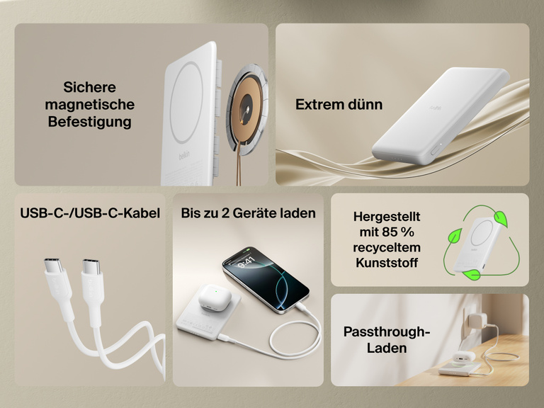 Belkin BoostCharge Slim Magnetic Power Bank 5K shown highlighting key features including secure magnetic ring, ultra-slim design, USB-C to USB-C cable, dual device charging, recycled materials, and pass-through charging capability.