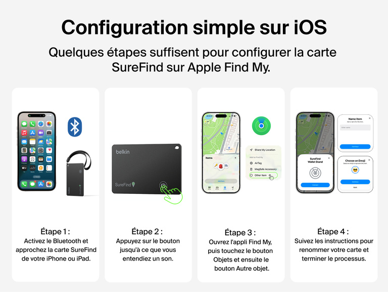Image du guide en quatre &eacute;tapes de configuration de la carte Belkin&nbsp;SureFind avec Apple&nbsp;Find&nbsp;My via Bluetooth sur un iPhone ou iPad.