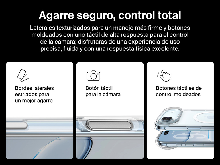 Belkin SheerForce Clear Series Case for iPhone 17 with grooved edges, tactile molded controls, and touch-sensitive camera button for secure grip and seamless control.