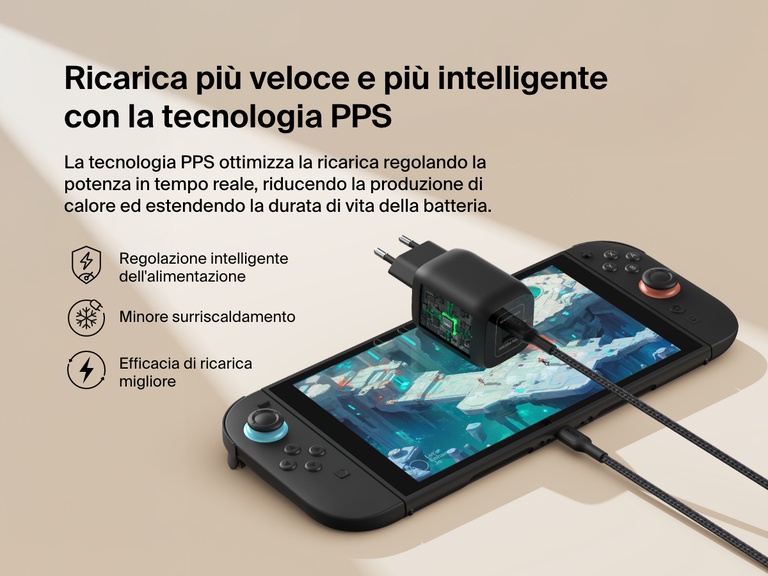 Il doppio caricabatteria da parete da 65 W Belkin Gaming sfrutta la tecnologia GaN per offrire una ricarica potente in un formato compatto (5,2 volte più piccolo rispetto ai caricabatterie da parete USB-C da 60 W standard).
