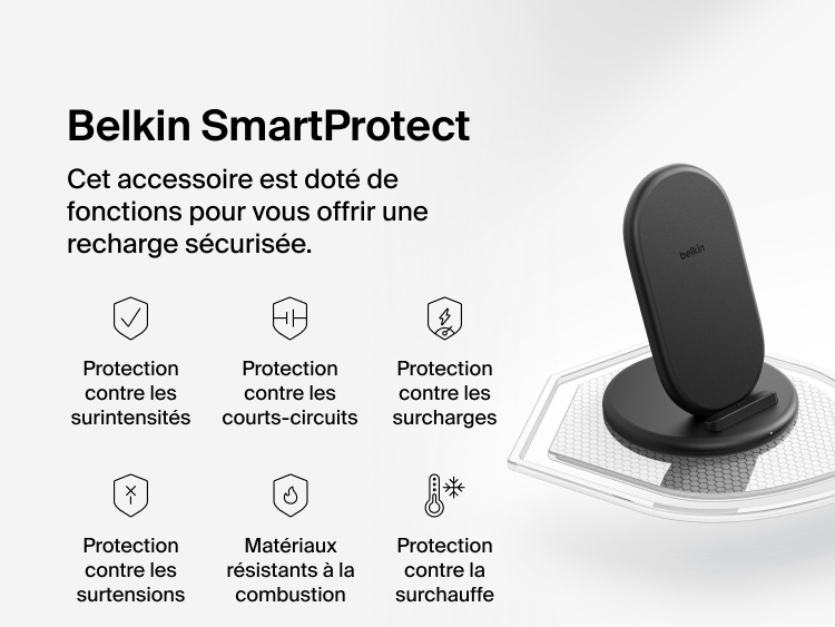 Belkin BoostCharge Wireless Charging Stand 15W featuring SmartProtect technology with six intelligent sensors for current detection, overload protection, and temperature monitoring.