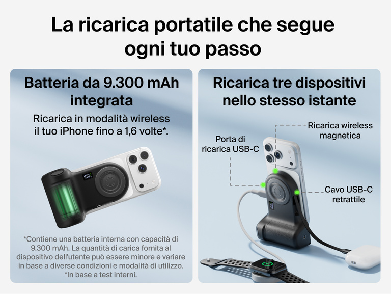 Belkin Stage PowerGrip compatibility chart showing support for iPhone 12 and later, Google Pixel 10 and later, USB-C devices like AirPods and Galaxy, and tripods with 1/4-inch mounts.