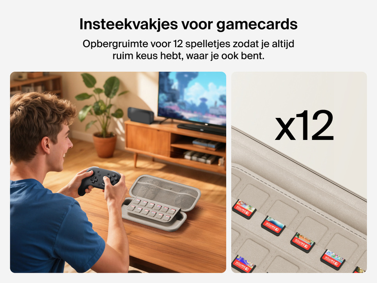 Man gaming with a controller beside the Belkin Gaming Travel Case for Nintendo Switch 2, which features a built-in sleeve that holds up to 12 game cards for easy access.