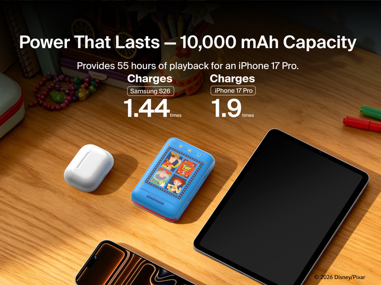 Belkin BoostCharge Power Bank 10K with Integrated Cable providing up to 10,000mAh capacity and extended battery life for smartphones and wireless earbuds.