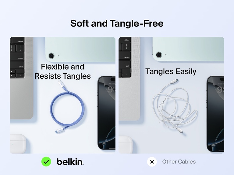 Side-by-side image showing the Belkin BoostCharge USB-C to USB-C Cable 60W as a soft, flexible, and tangle-resistant option compared to standard cables that tangle easily.