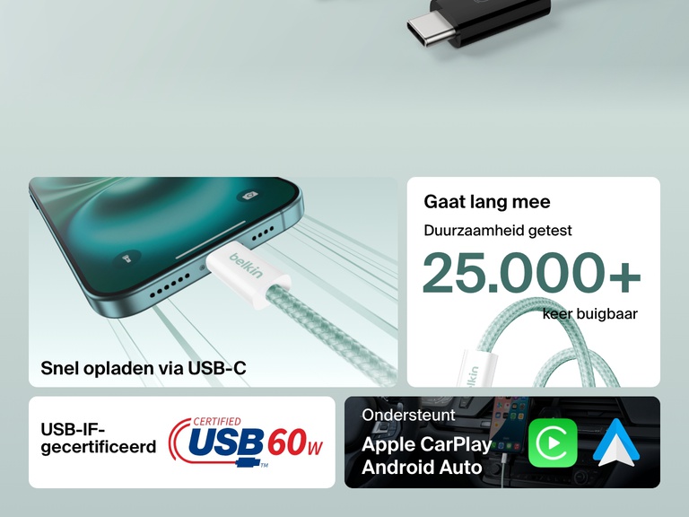 Infographic waarin de Belkin BoostCharge 60 W USB-C naar USB-C-kabel wordt getoond met de volgende kenmerken: USB-IF-gecertificeerd, bestand tegen meer dan 25.000 keer buigen, ondersteuning voor snel opladen en compatibiliteit met Apple CarPlay en Android Auto.