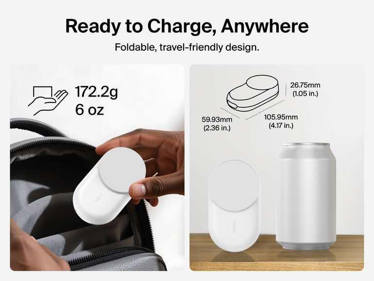 Belkin UltraCharge 3-in-1 Foldable Magnetic Charger with Qi2 25W features a compact, travel-friendly design weighing 6.7 oz and sized for portability.