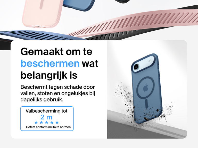 Belkin SheerForce Grip Series Case for iPhone 17 shown with textured grip and impact protection against drops.