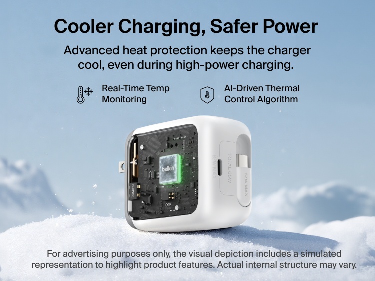 Belkin UltraCharge Retractable GaN Wall Charger 67W with built-in retractable USB-C cable featuring advanced thermal management, real-time temperature monitoring, and AI-driven cooling for safer fast charging.